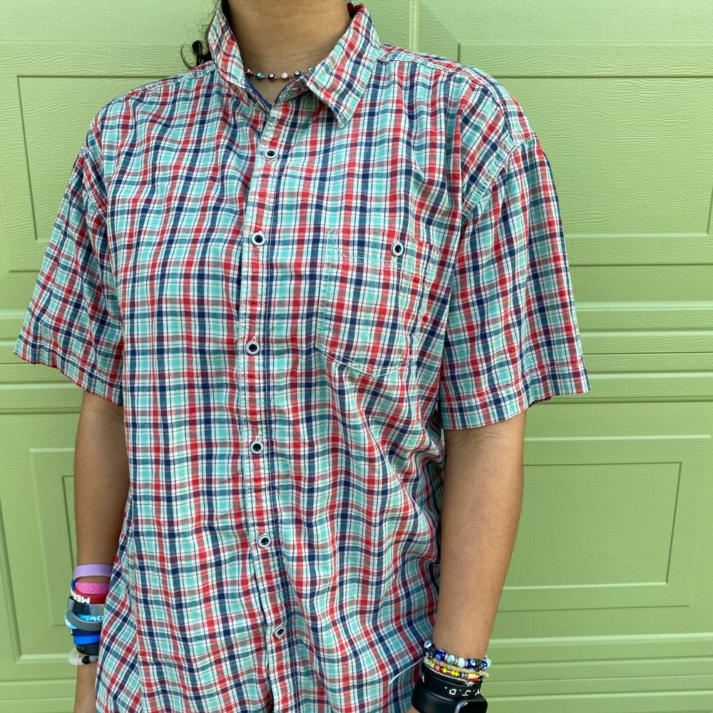 Clearwater Outfitters Mens Button Short Sleeve Blue Red Plaid Shirt Size L